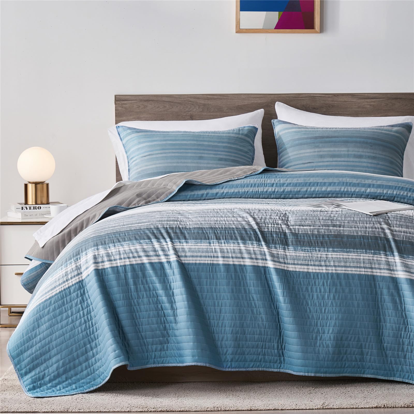 Kakijumn Twin Quilt Bedding Set, White Grey And Blue Patchwork Striped Quilt Set, 2 Pieces Soft Lightweight Bedspread Coverlet S